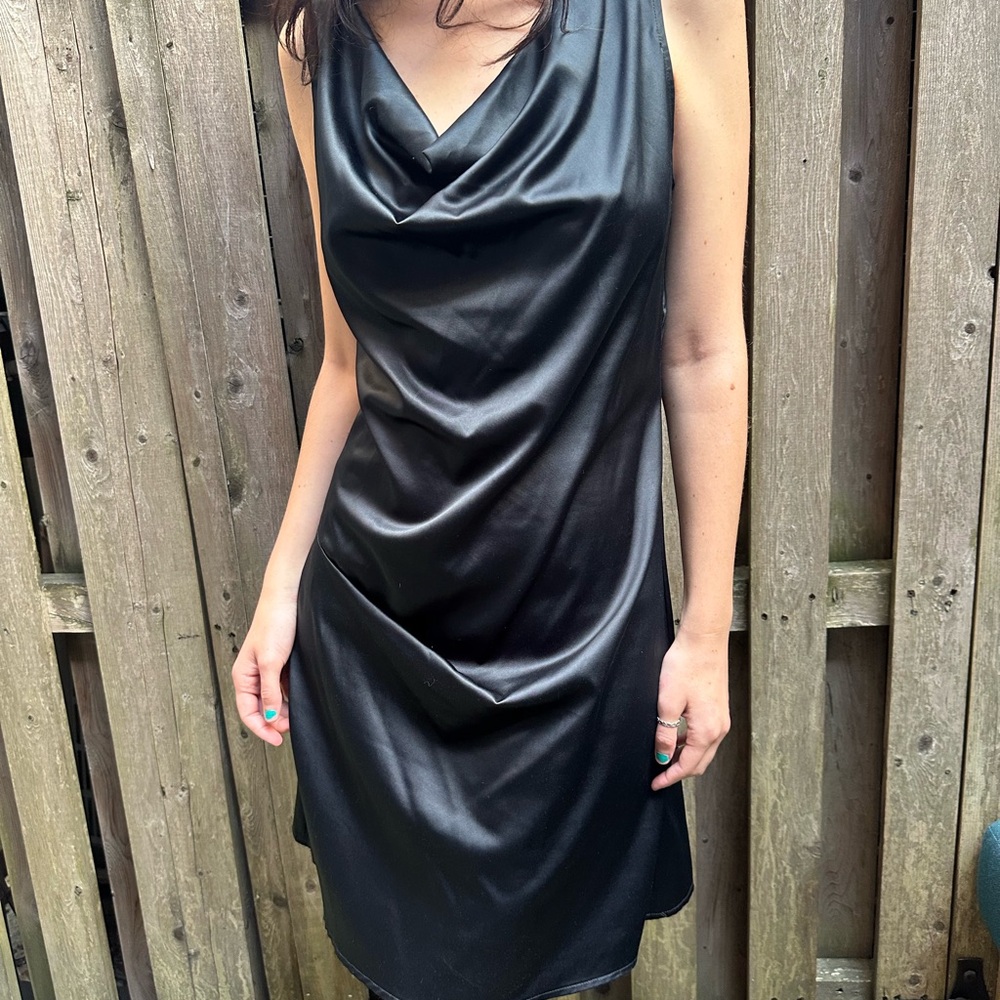 Sisley-Paris Black Satin Midi Dress